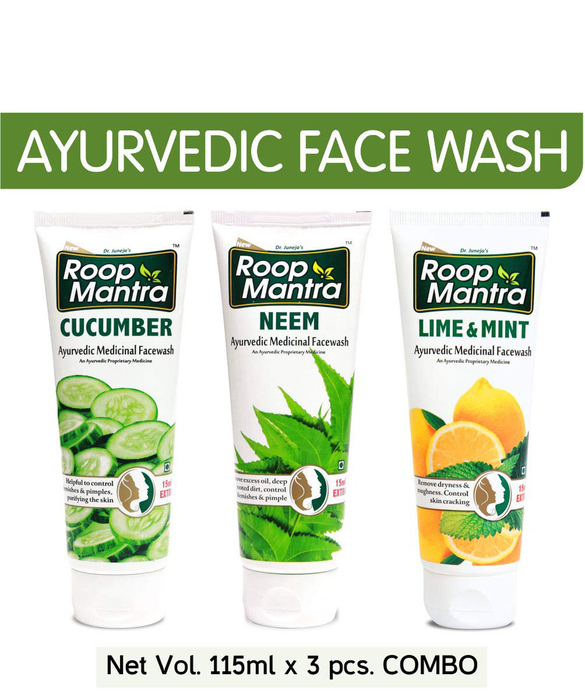 Roop Mantra Face Wash Combo for Men & Women (Cucumber Face Wash + Neem Face Wash + Lime & Mint Face Wash) - 115ml X 3pcs