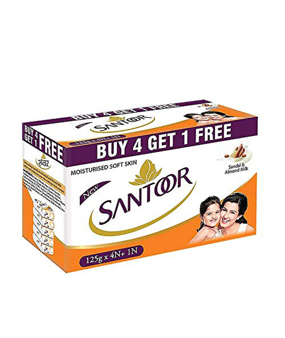 Santoor Sandal and Almond Milk Soap (Buy 4 Get 1 Free 125gm each)