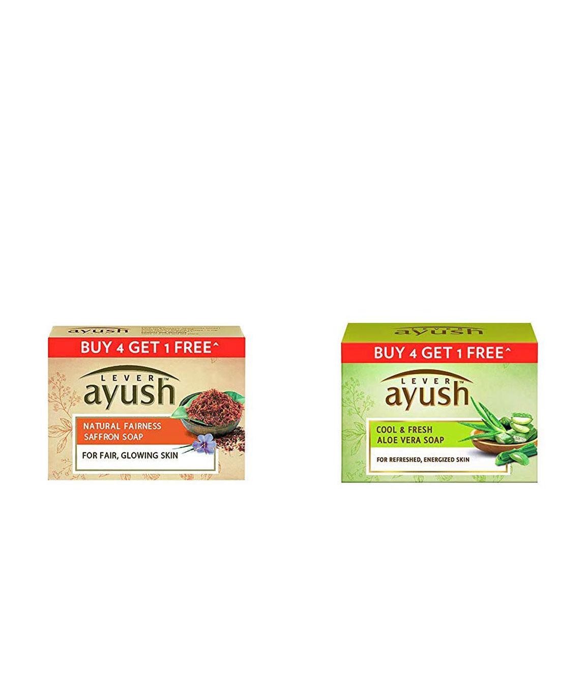 Lever Ayush Natural Fairness Saffron Soap 100 gm each (Buy 4 Get 1) & Lever Ayush Cool & Fresh Aloe Vera Soap 100 gm each (Buy 4 Get 1)
