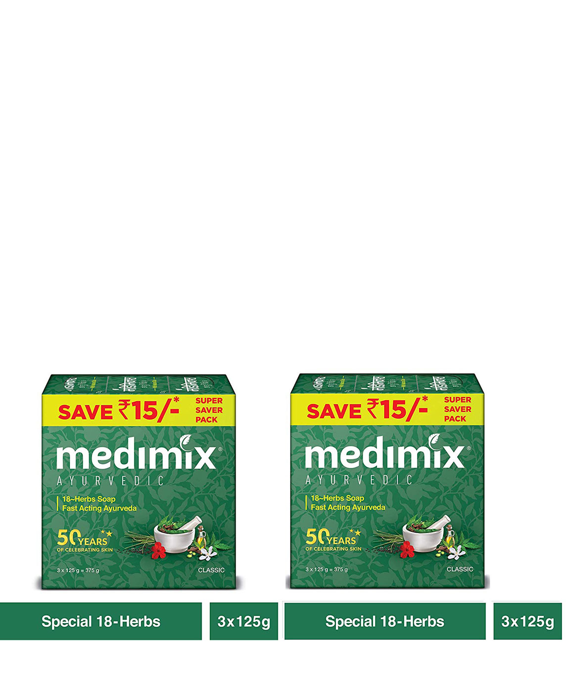 Medimix Classic Ayurvedic 18 Herbs Soap, 3x125gm (Pack of 2)