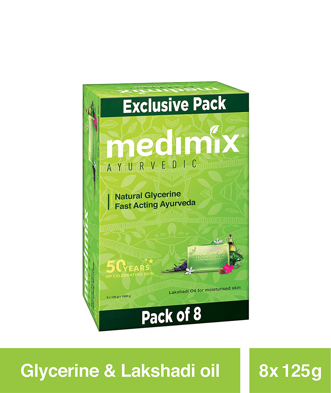 Medimix Ayurvedic Natural Glycerine Bathing Bar, 125 gm (Pack of 8)