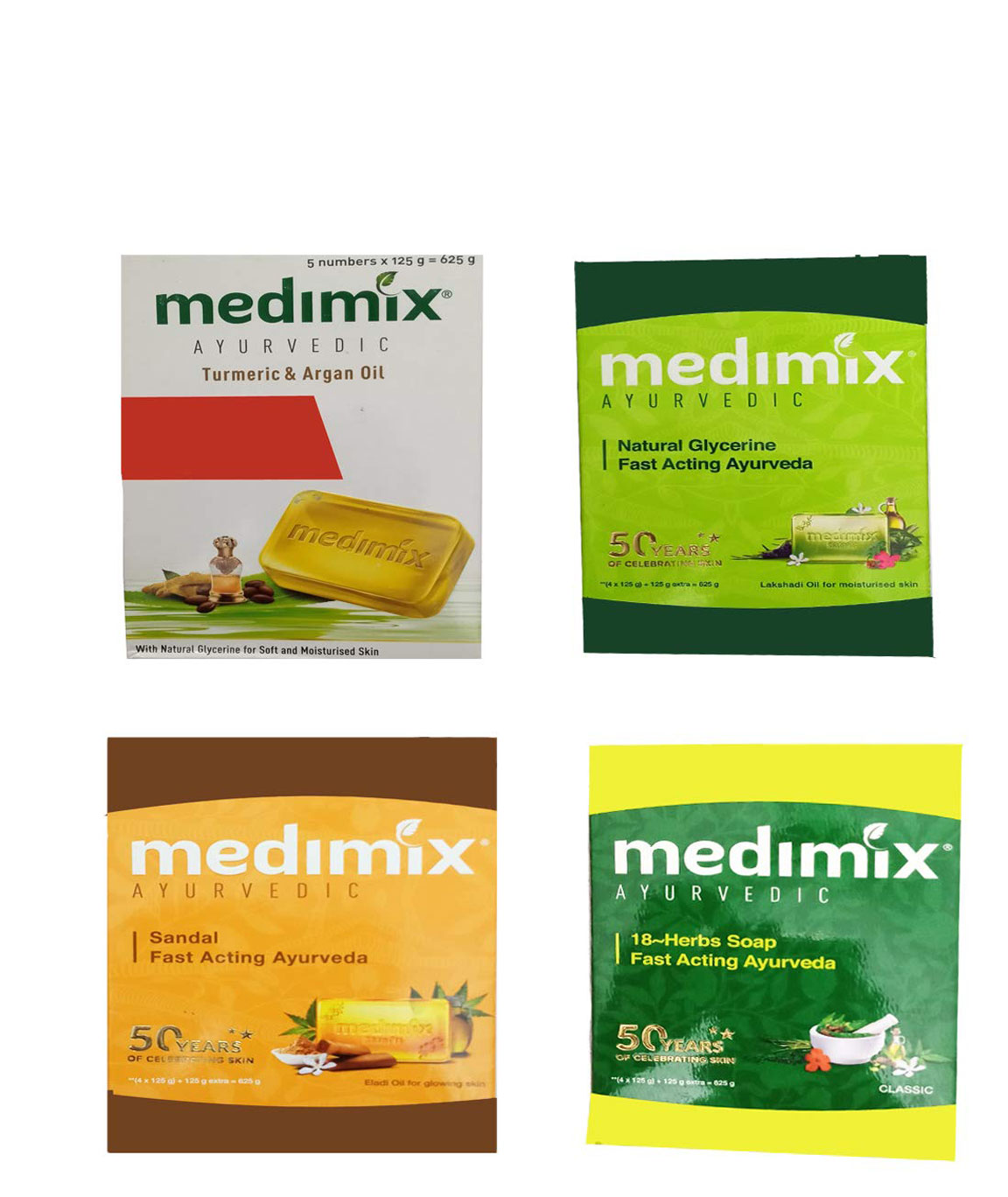 1 18 HERBS SOAP (625GM)+1 MEDIMIX AYURVEDIC NATURAL GLYCERINE SOAP (625GM)+1 MEDIMIX AYURVEDIC TURMERIC & ARGAN OIL SOAP (625GM)+1 MEDIMIX AYURVEDIC SANDAL SOAP (625GM)