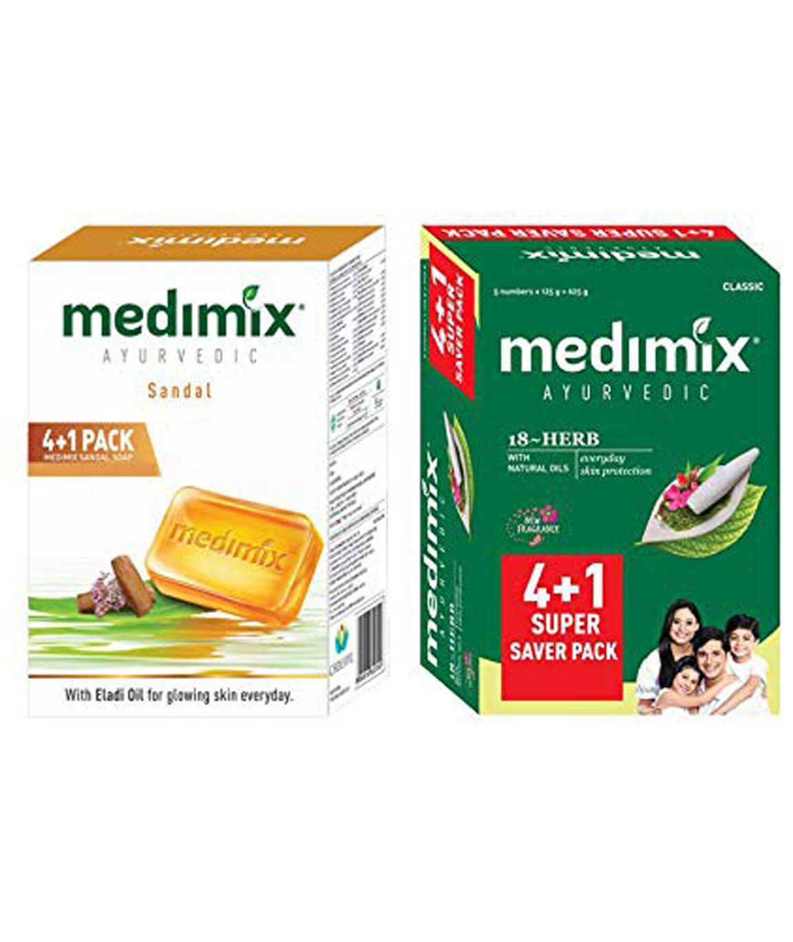 1 MEDIMIX AYURVEDIC SANDAL SOAP 125 GM. (4+1 PACK) WITH ELADI OIL FOR GLOINS- 1 MEDIMIX AYURVEDIC 18 HERB SOAP 125 GM (4+1 PACK) WITH NATURAL OILS FOR EVERYDAY SKIN PROTECTION AGAINSWING SKIN