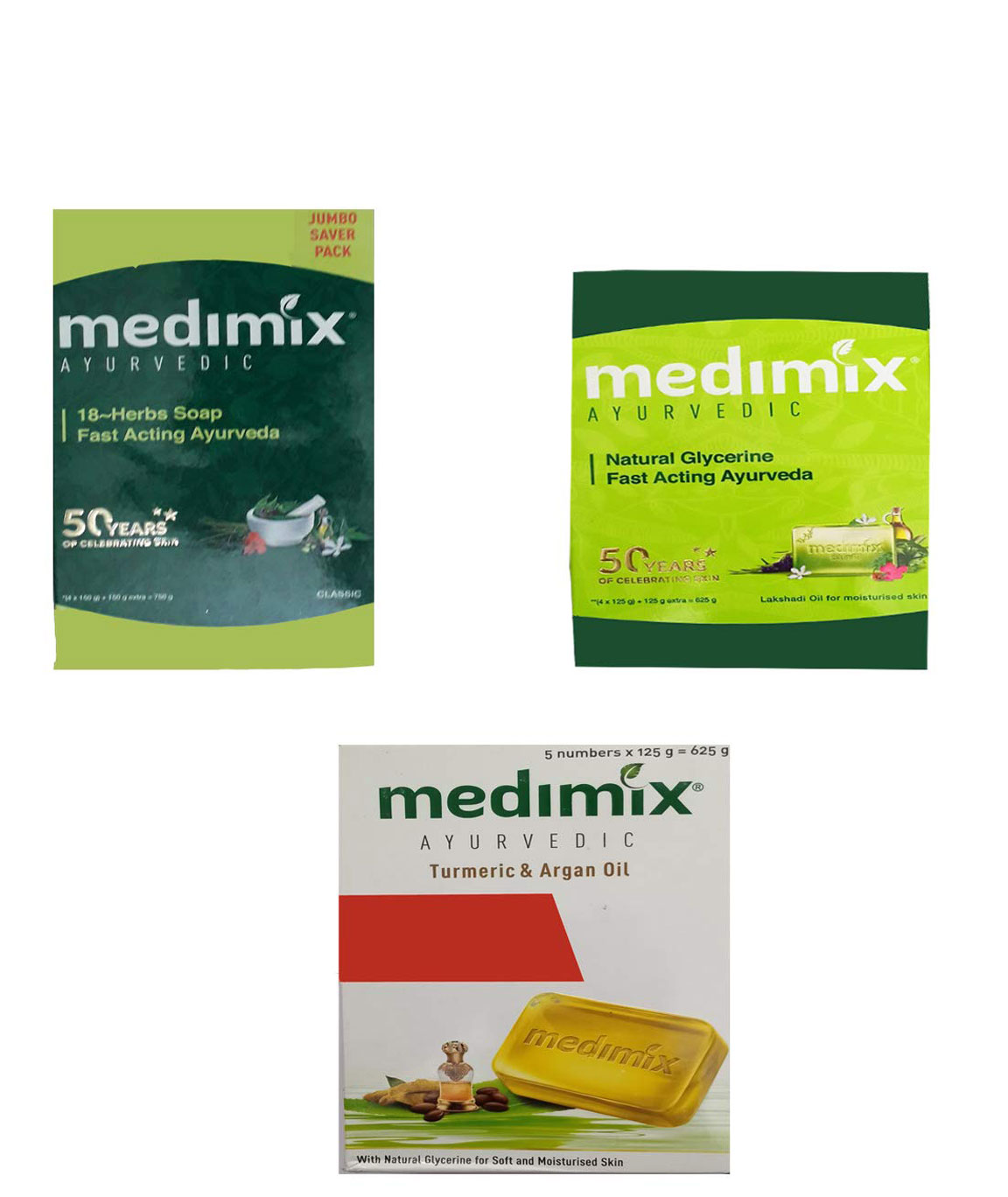 EACH COMBO PACK CONTAINS-1 MEDIMIX AYURVEDIC 18 HERBS SOAP (JUMBO)750GM+1 MEDIMIX AYURVEDIC NATURAL GLYCERINE SOAP (625GM)+1 MEDIMIX AYURVEDIC TURMERIC & ARGAN OIL SOAP (625GM)
