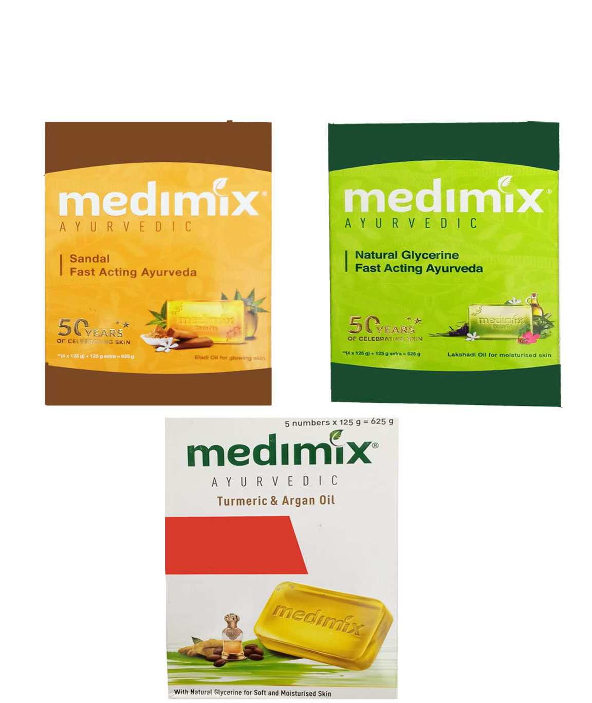 1 MEDIMIX AYURVEDIC SANDAL SOAP(625GM) + 1 MEDIMIX AYURVEDIC NATURAL GLYCERINE SOAP (625GM)+1 MEDIMIX AYURVEDIC TURMERIC & ARGAN OIL SOAP (625GM)