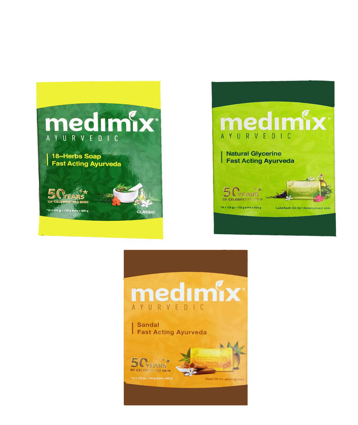 1 MEDIMIX AYURVEDIC 18 HERBS SOAP (625GM) + 1 MEDIMIX AYURVEDIC NATURAL GLYCERINE SOAP(625 GM.) +1 MEDIMIX AYURVEDIC SANDAL SOAP(625GM)