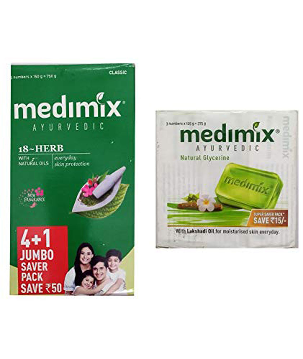 1 Medimix Ayurvedic Jumbo 18 Herb Soap 150 gm (4+1 Pack) + 1 Medimix Ayurvedic Natural Glycerine Soap 125 gm (Pack of 3)