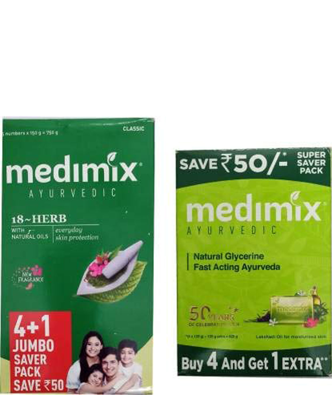 1 Medimix Ayurvedic Jumbo 18 Herb Soap 150 gm (4+1 Pack)+ 1 Medimix Ayurvedic Natural Glycerine Soap125 gm (4+1 Pack)