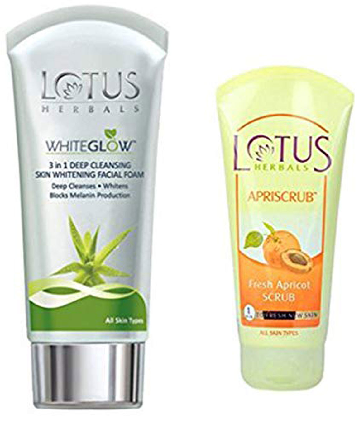 Lotus Herbals Whiteglow 3-In-1 Deep Cleansing Skin Whitening Facial Foam, 100gm and Lotus Herbals Apriscrub Fresh Apricot Scrub, 180gm