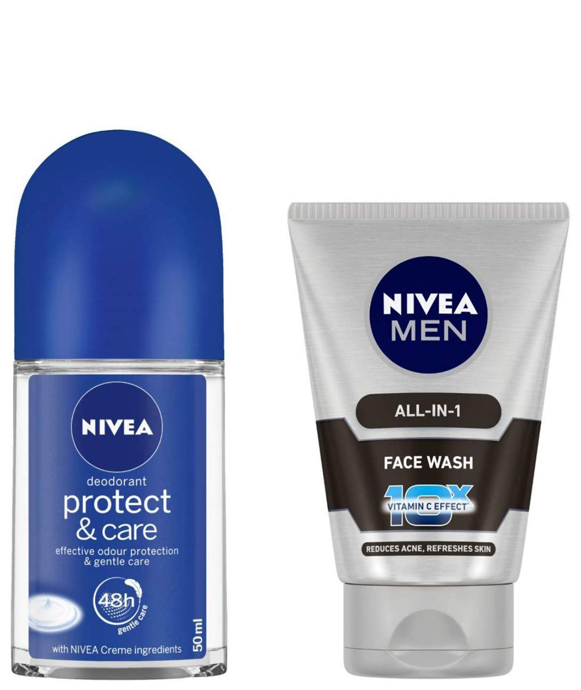NIVEA Roll-on Deodorant, Protect and Care, 50ml and NIVEA MEN Face Wash, All-in-One, 100ml