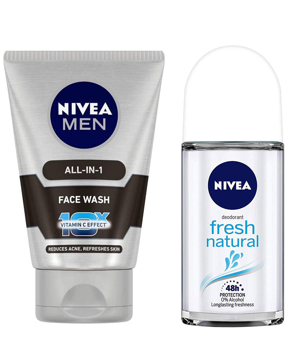 NIVEA MEN Face Wash, All-in-One, 100ml & Deodorant Roll-on, Fresh Natural, 50ml Combo