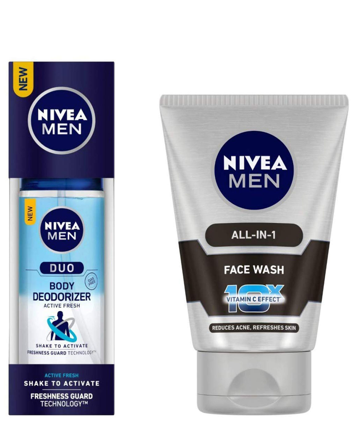 NIVEA MEN Body Deodorizers, Duo Active Fresh, Gas Free,100ml and NIVEA MEN Face Wash, All-in-One, 100ml