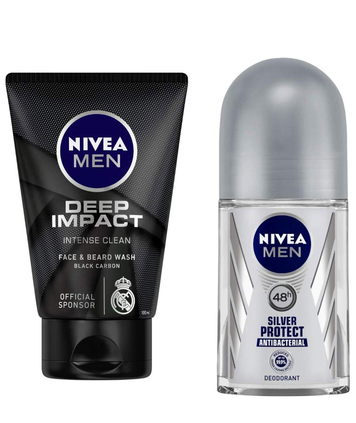 NIVEA MEN Face & Beard Wash, Deep Impact Intense Clean, 100ml and NIVEA MEN, Deodorant Roll-on, Silver Protect Antibacterial, 50ml