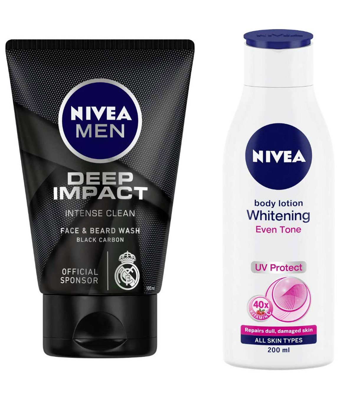 NIVEA MEN Face & Beard Wash, Deep Impact Intense Clean, 100ml & Body Lotion, Whitening Even Tone UV Protect, 200ml Combo