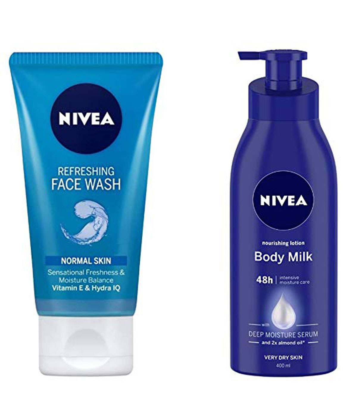 NIVEA Face Wash, Refreshing With Vitamin E & Hydra HQ, 150ml and Nivea Nourishing Lotion Body Milk with Deep Moisture Serum and 2x Almond Oil for Very Dry Skin, 400m