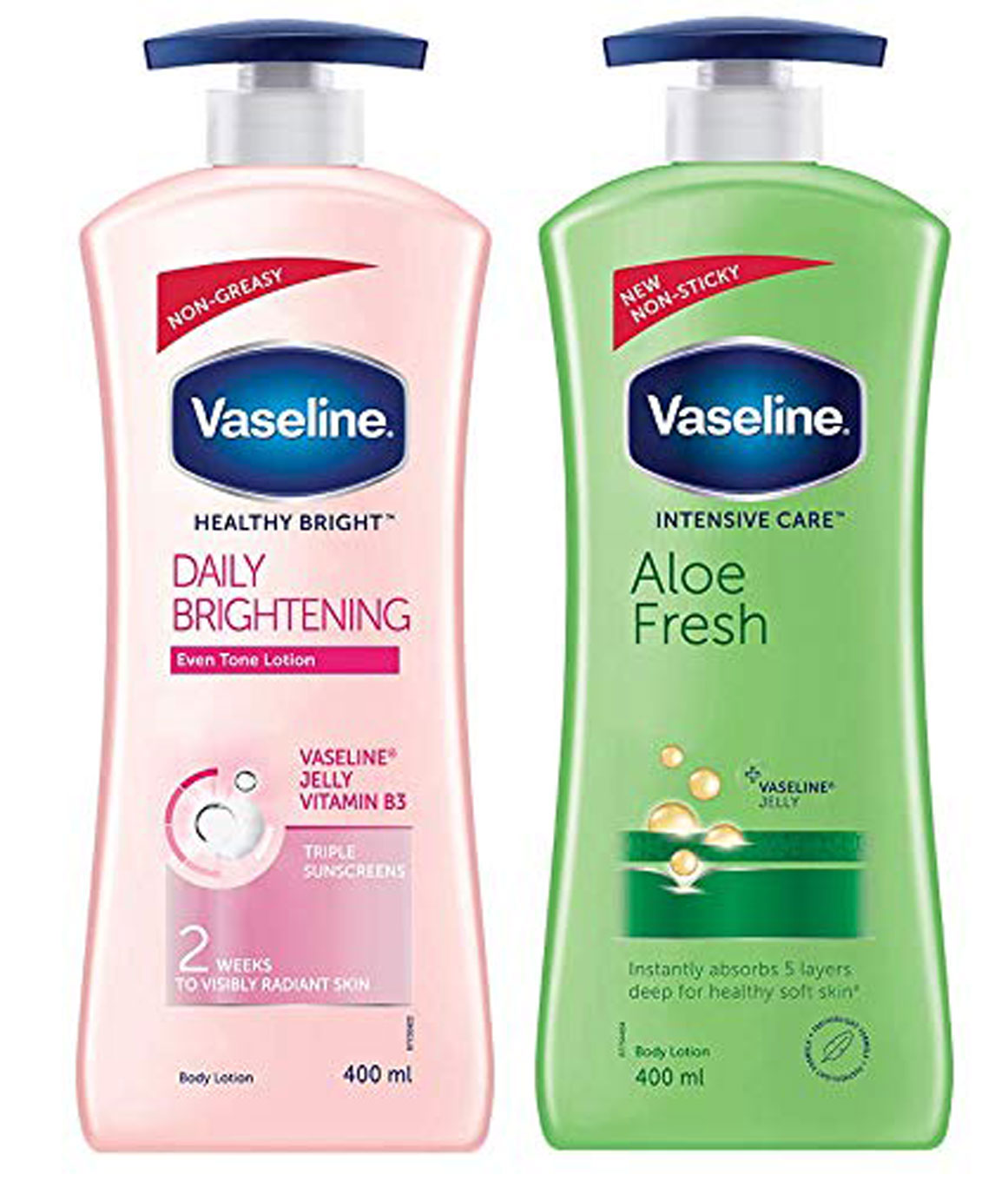 Vaseline Healthy Bright Daily Brightening Body Lotion, 400 ml & Vaseline Intensive Care Aloe Fresh Body Lotion, 400 ml
