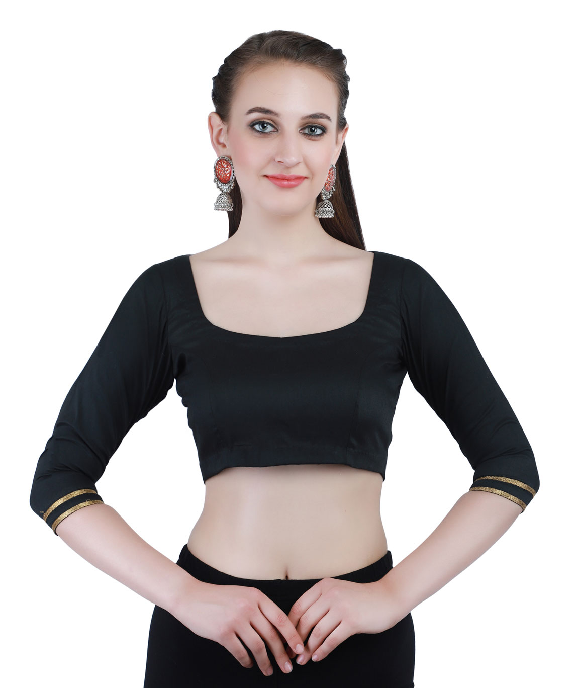 Black Cotton Silk Non-Padded Back Open Blouse in Round Neck