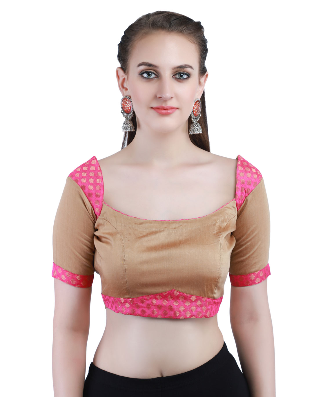Banarasi Chanderi Silk Jacquard and Cottonsilk Back-Open Blouse in Gold and Pink