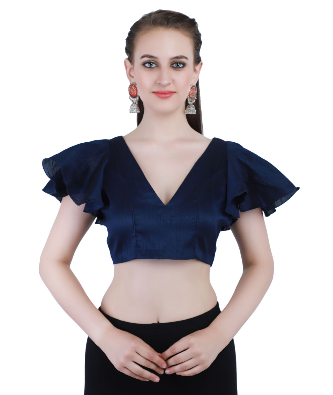 Dupion Silk V-Neck Back-Open Blouse with Flared Sleeves
