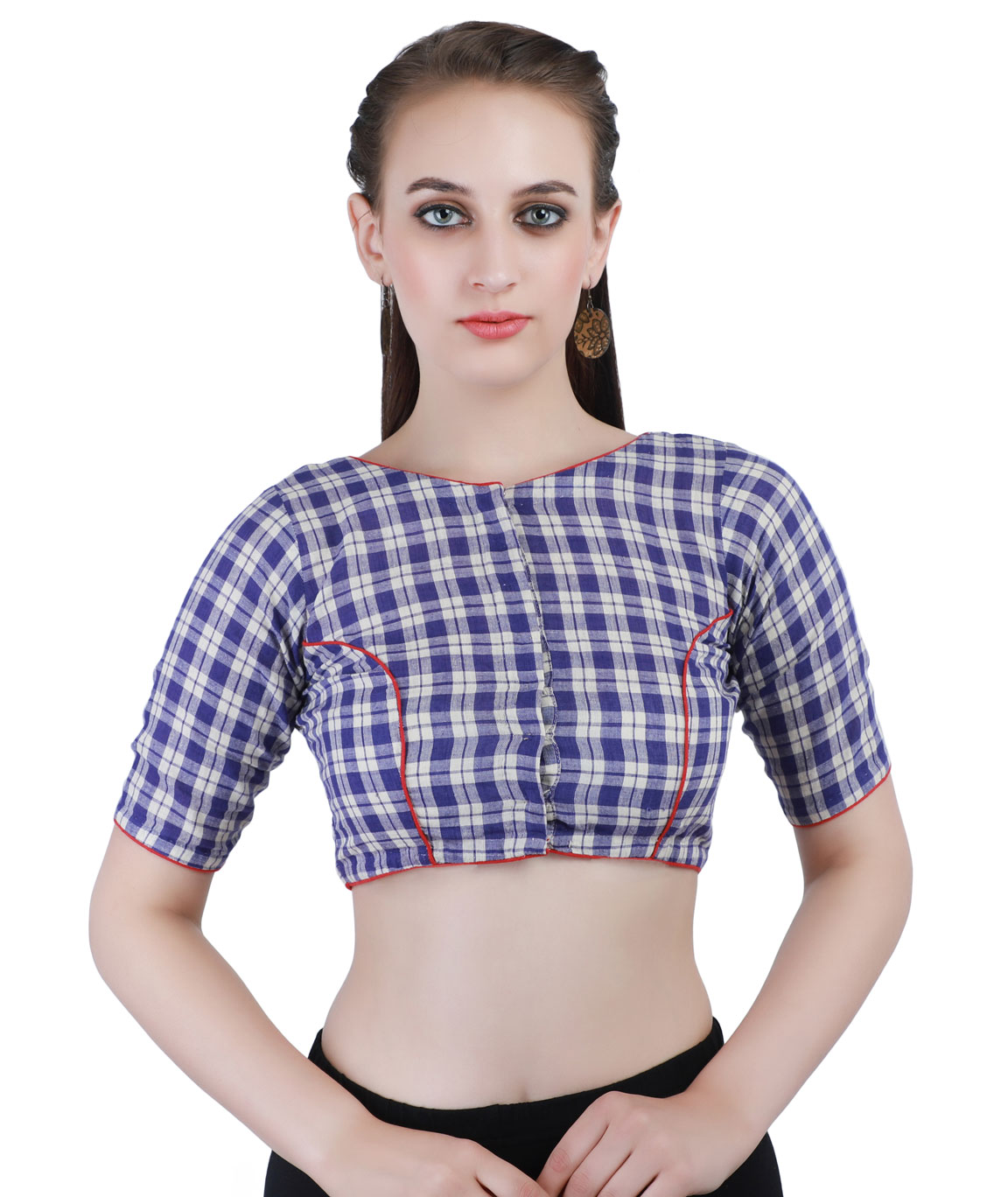 Handloom Pure Cotton Check Blouse Front-Open Blouse in Purple and white