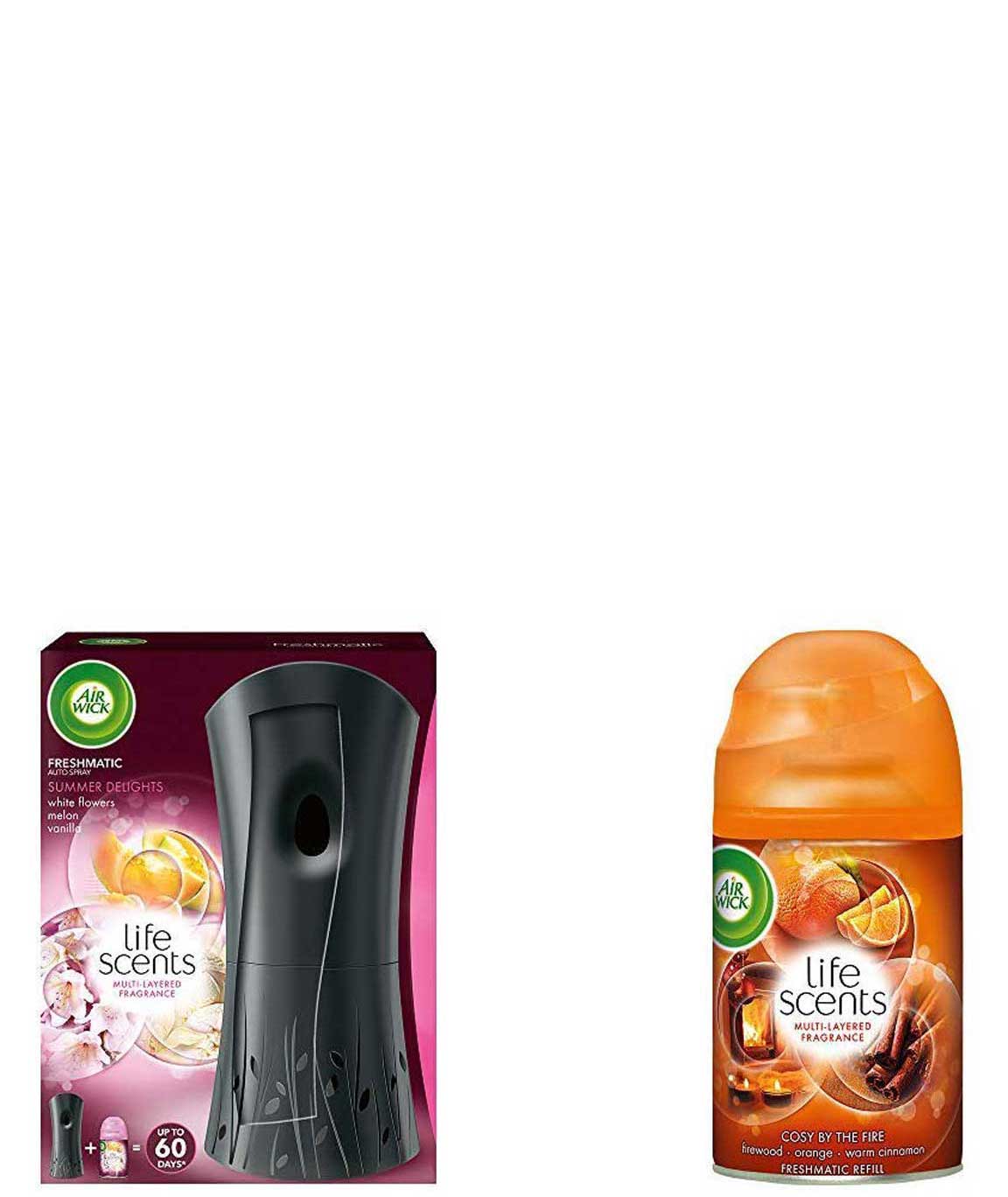 Airwick Freshmatic Complete Kit - Automatic Air Freshener - Summer Delights (250 ml) & Freshmatic Refill Life Scents Cosy by the Fire - 250 ml Combo