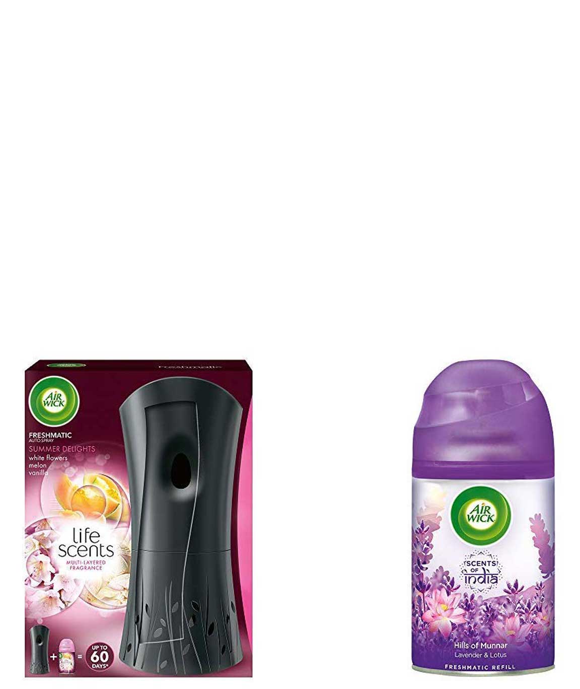 Airwick Freshmatic Complete Kit - Automatic Air Freshener - Summer Delights (250 ml) & Scents of India Freshmatic Air Freshener Refill - 250 ml (Hills of Munnar) Combo