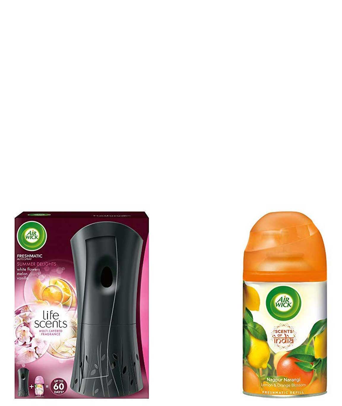 Airwick Freshmatic Complete Kit - Automatic Air Freshener - Summer Delights (250 ml) & Scents of India Freshmatic Air Freshener Refill - 250 ml (Nagpur Narangi) Combo