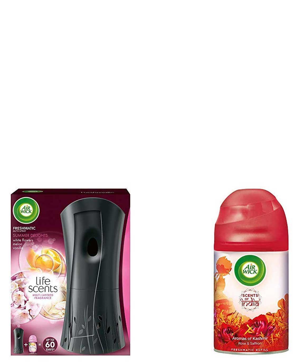 Airwick Freshmatic Complete Kit - Automatic Air Freshener - Summer Delights (250 ml) & `Scents of India` Freshmatic Air Freshner Refill, Aromas of Kashmir - 250 ml Combo