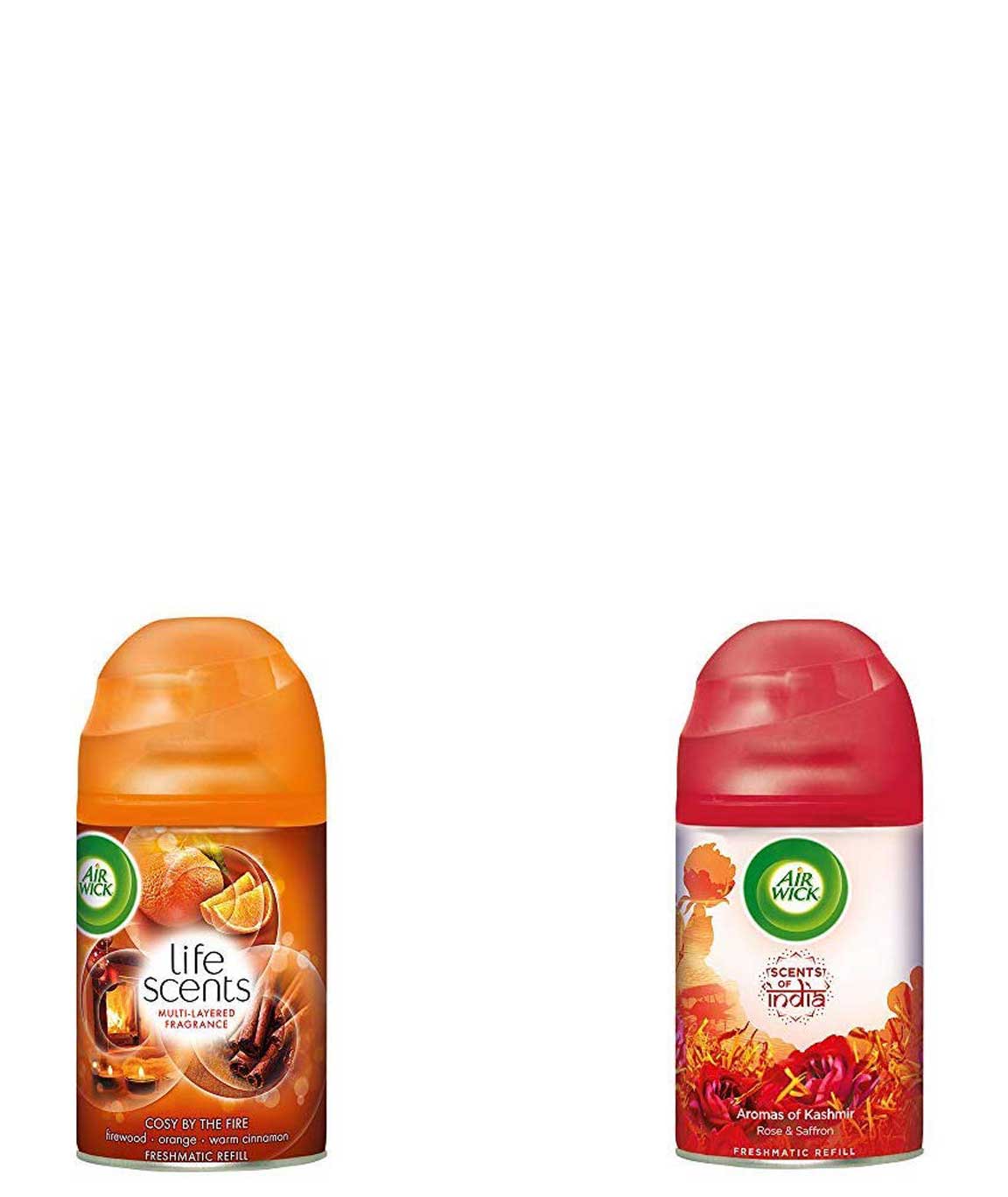 Airwick Freshmatic Refill Life Scents Cosy by the Fire - 250 ml & `Scents of India` Freshmatic Air Freshner Refill, Aromas of Kashmir - 250 ml Combo