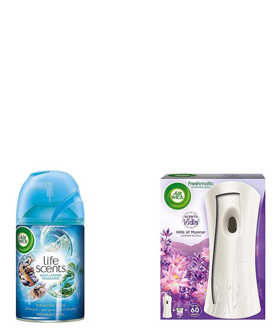 Airwick Freshmatic Refill Life Scents Turquoise Oasis - 250 ml & Freshmatic Air Freshener Complete Kit - 250 ml (Hills of Munnar) Combo