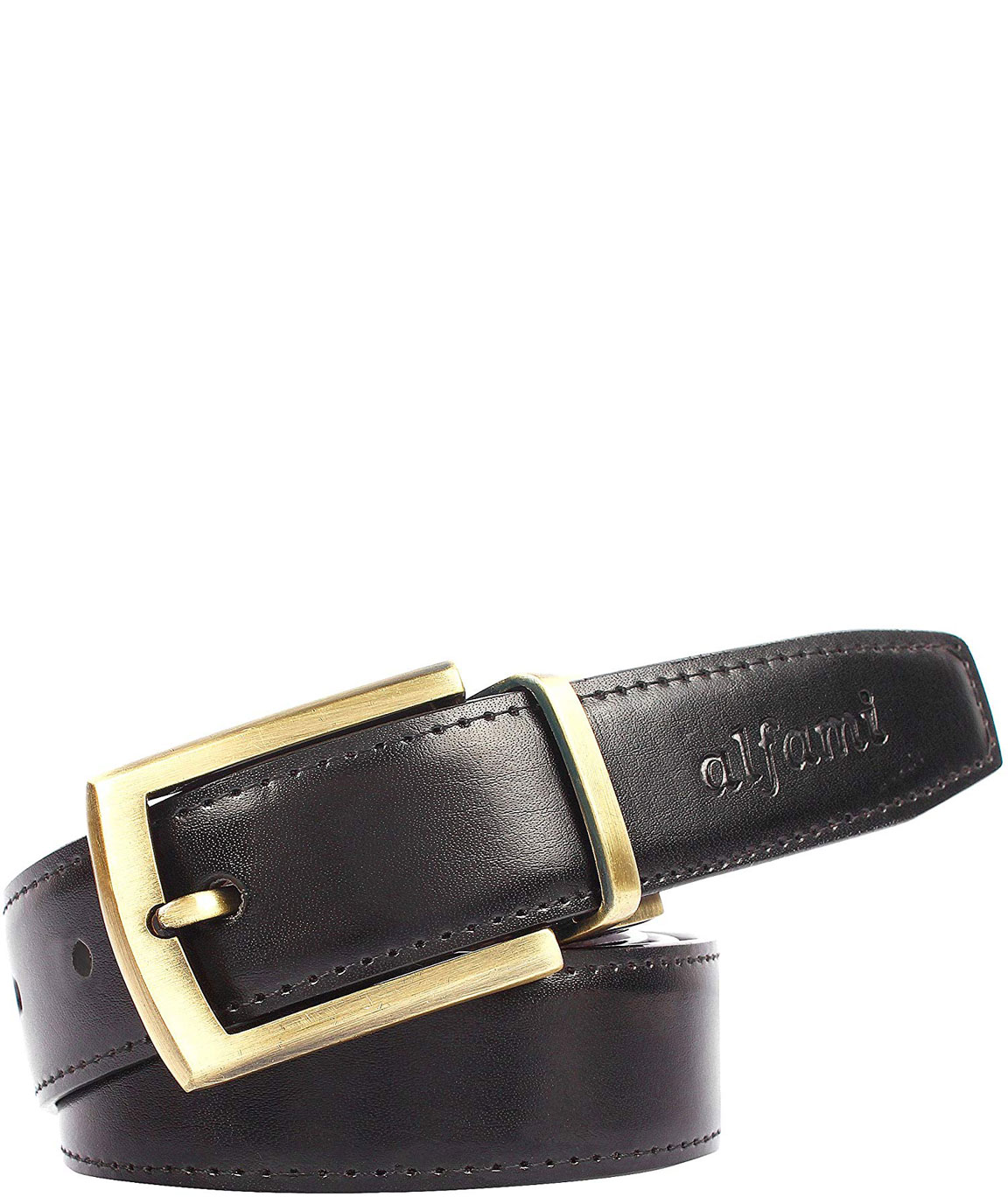 Alfami Mens PU Leather Belt, Golden Antique Buckle, Free size upto 42 inch waist