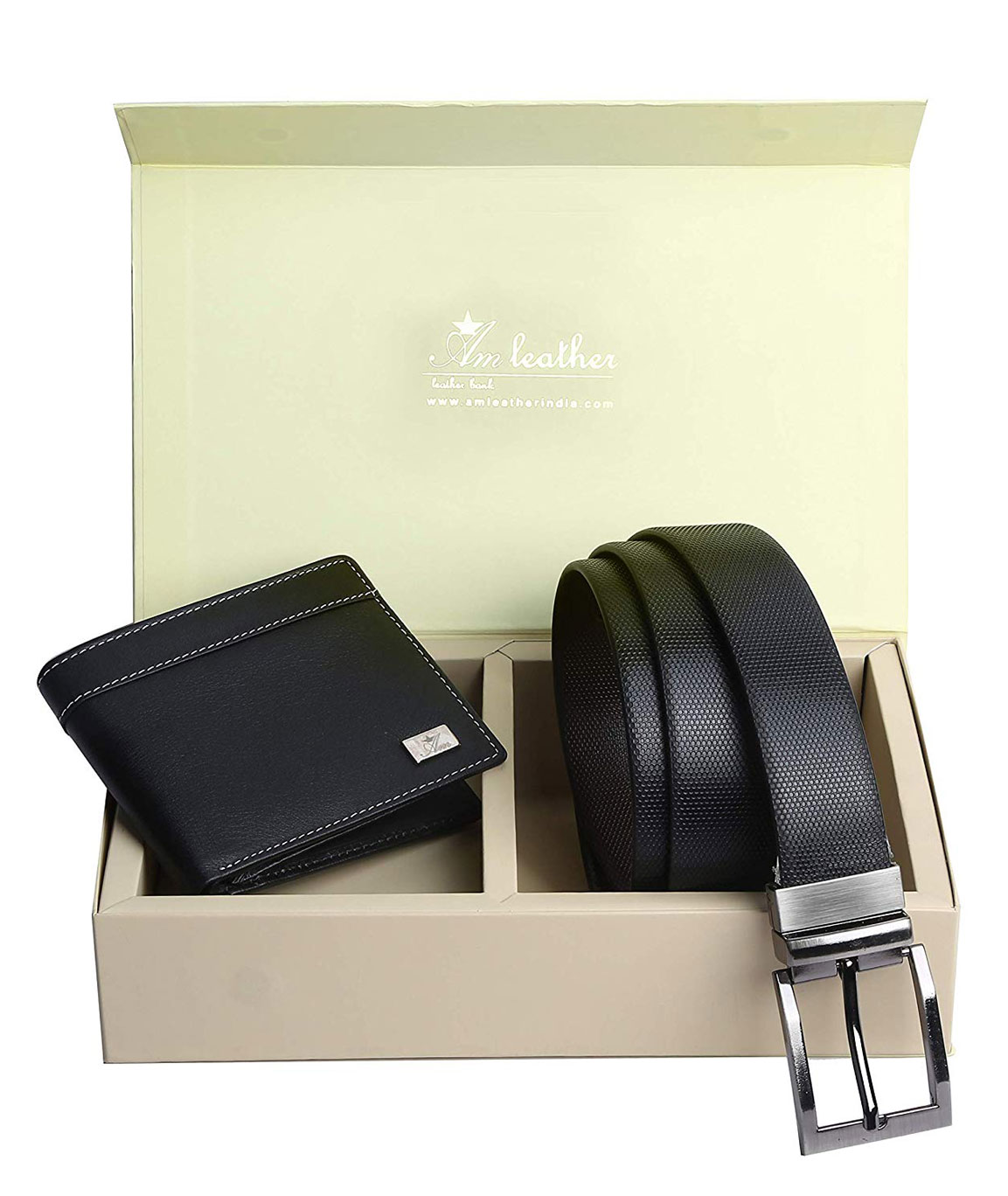 AM LEATHER Marena Style (Wallet + Belt) Combo Corporate Gift (White Thread Blackk)