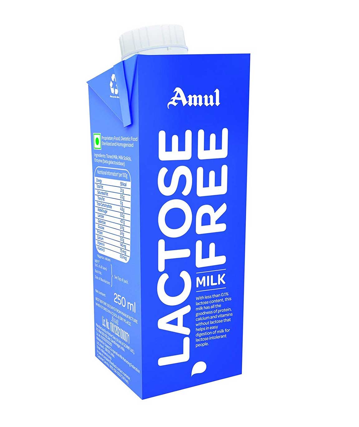 Amul Lactose Free Milk, 250ml (Pack of 4)