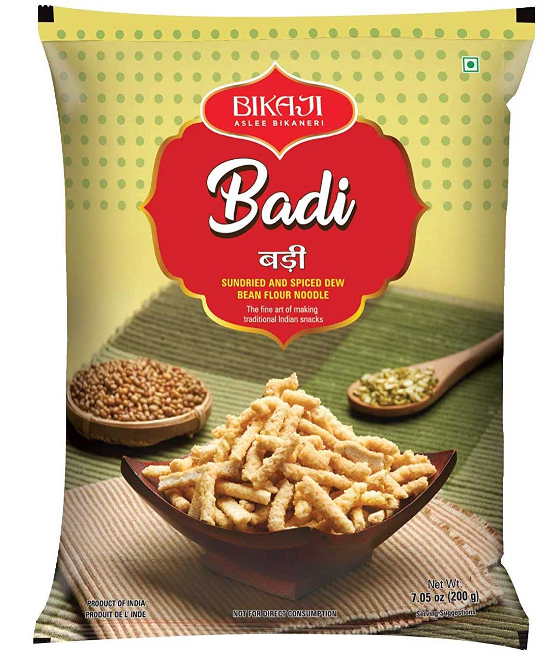 Bikaji Badi - Traditional Rajasthani Moth Dal Mangodi - Sundried and Spiced Dew Bean Flour Noodles -100% Vegetarian Indian Snack - 200gm - (Pack of 4)