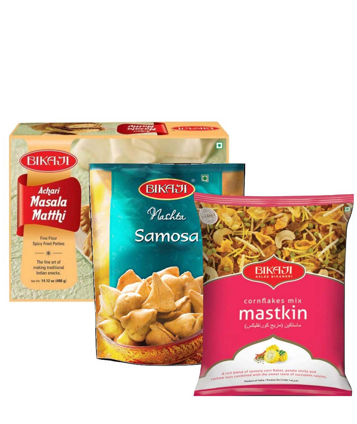 Bikaji Combo Pack - Achari Masala Matthi 400g - Nashta Samosa 200g - Cornflakes Mix 350g - Pack of 3