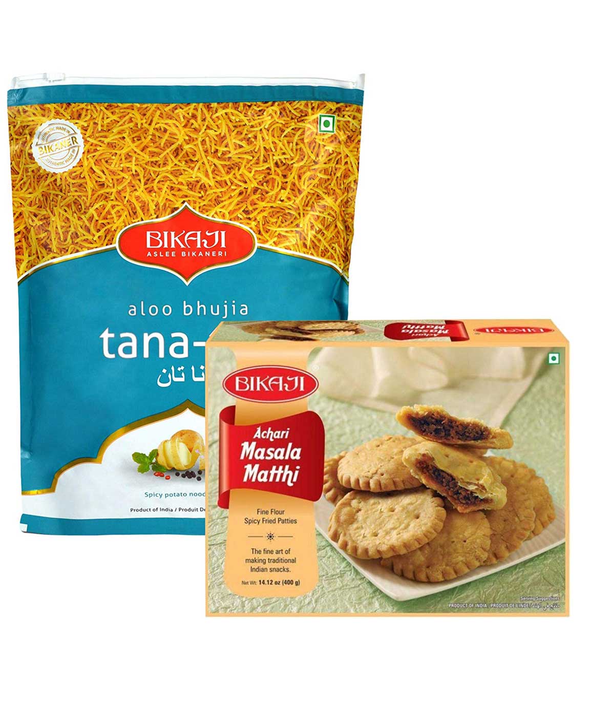 Bikaji Combo Pack - Aloo Bhujia Tana-Tan 1000gm - Bikaji Aachari Matri 400gm - Indian Namkeen Snacks - (Pack of 2)