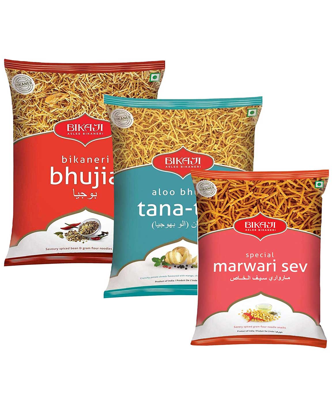 Bikaji Combo Pack - Bikaneri Bhujia 400gm - Special Marwari Sev 400gm - Aloo Bhujia Tana-Tan 400gm - Indian Namkeen Snacks (Pack of 3)