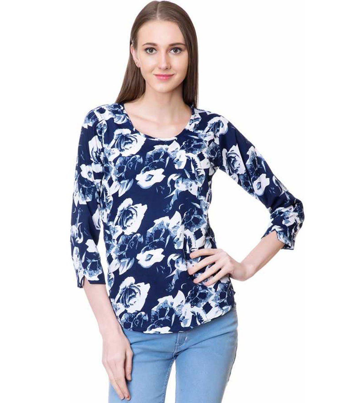 CASUAL 3/4 SLEEVE FLORAL PRINT WOMEN BLUE, WHITE TOP