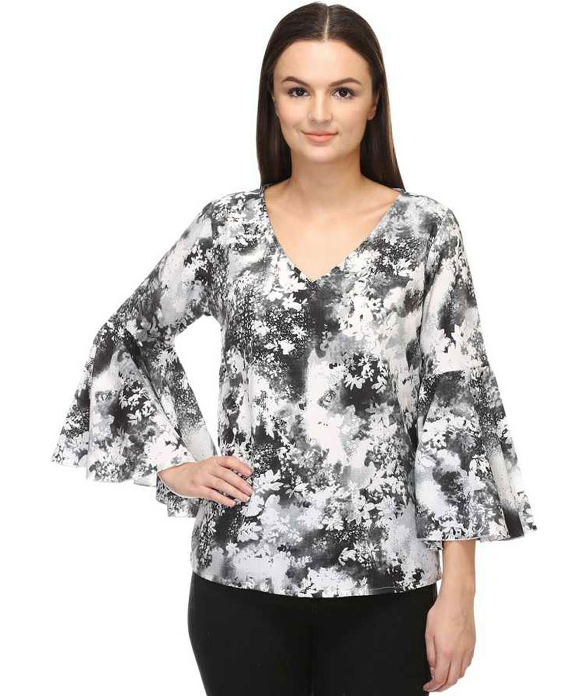 CASUAL BELL SLEEVE FLORAL PRINT WOMEN BLACK, WHITE TOP