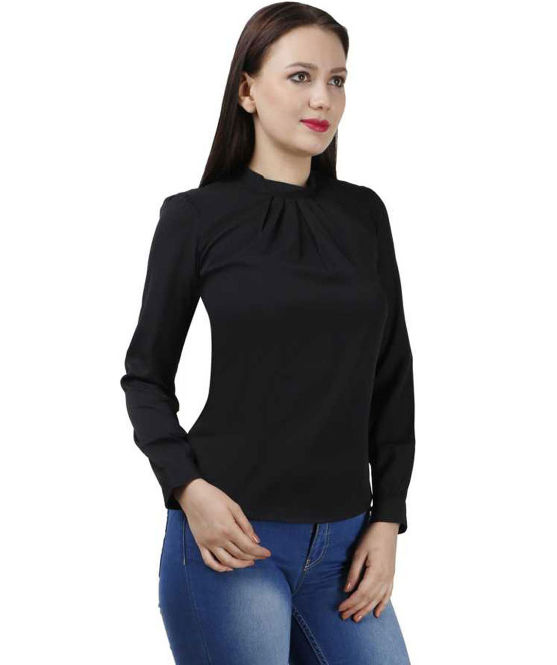 CASUAL BISHOP SLEEVE SOLID WOMEN BLACK TOP