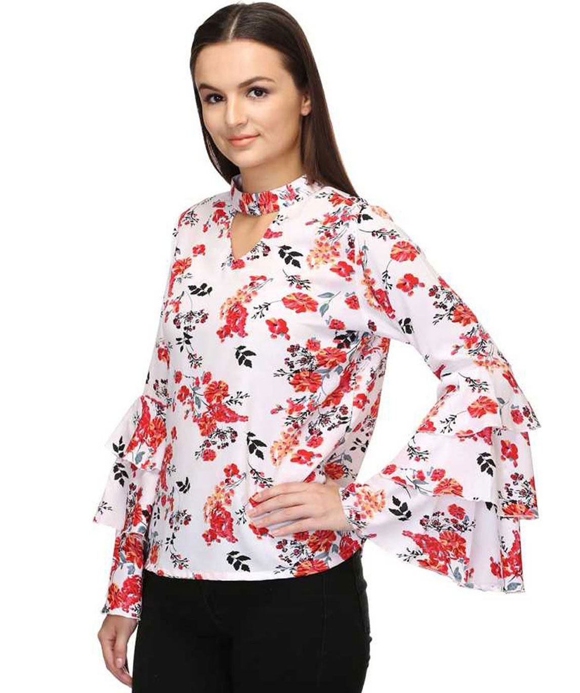 CASUAL LAYERED SLEEVE PRINTED WOMEN WHITE, RED TOP
