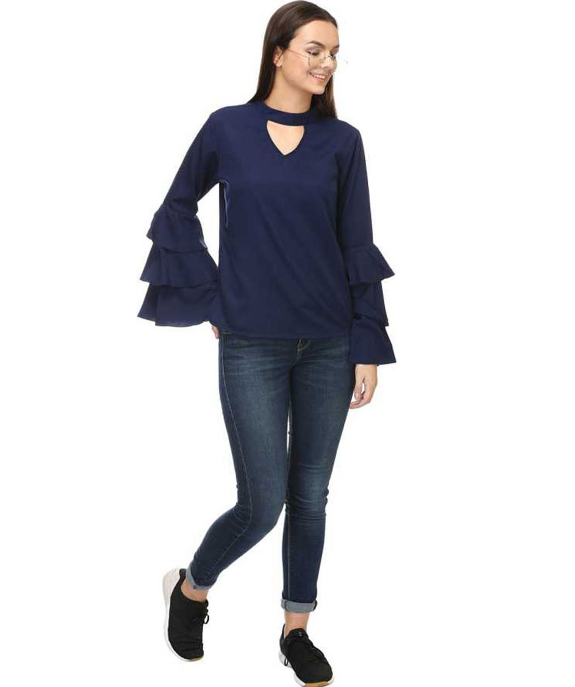 CASUAL LAYERED SLEEVE SOLID WOMEN DARK BLUE TOP