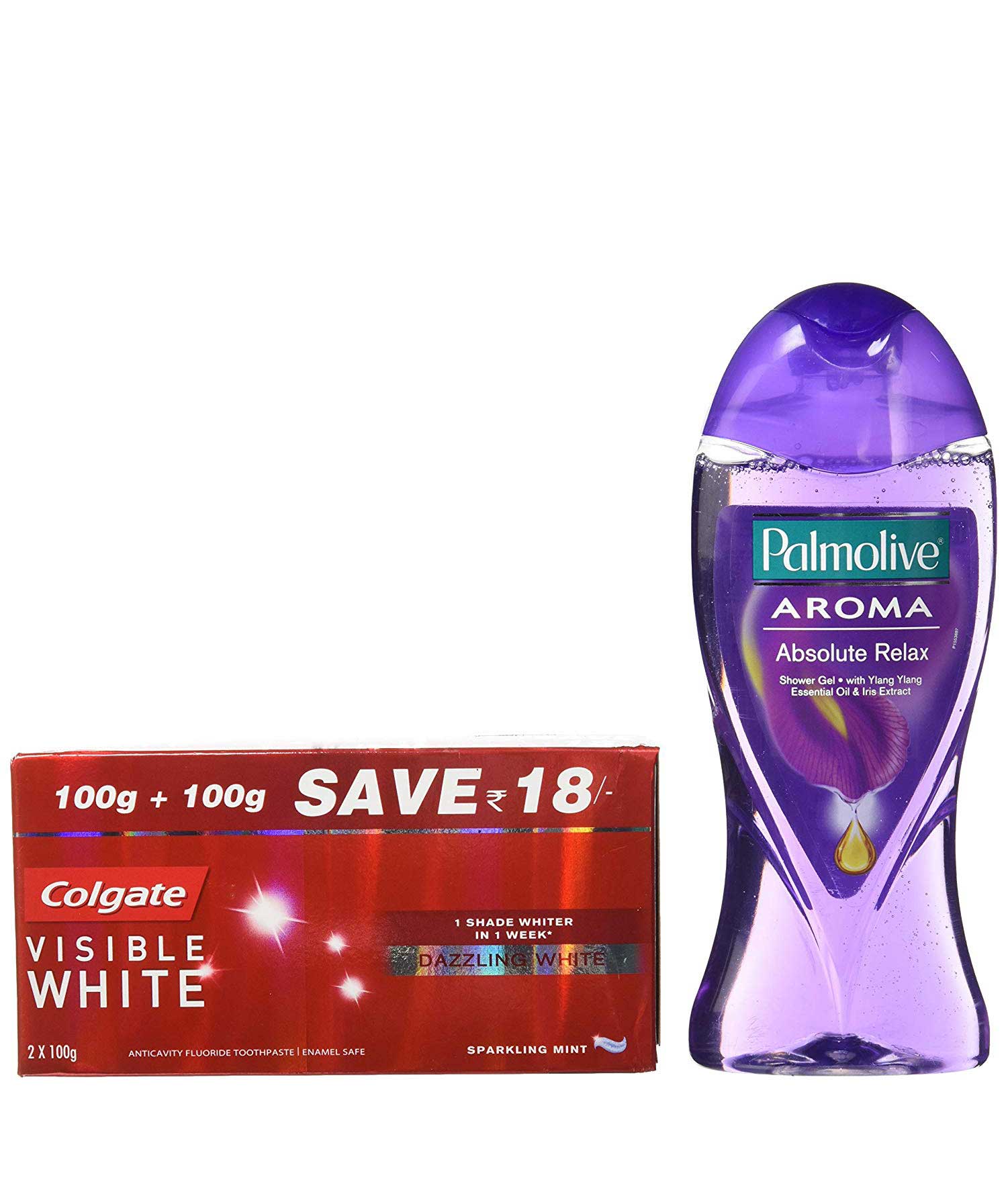 Colgate Palmolive Aroma Absolute Relax Shower Gel - 250ml with Colgate Visible White Dazzling White Toothpaste, Sparkling Mint - 200gm