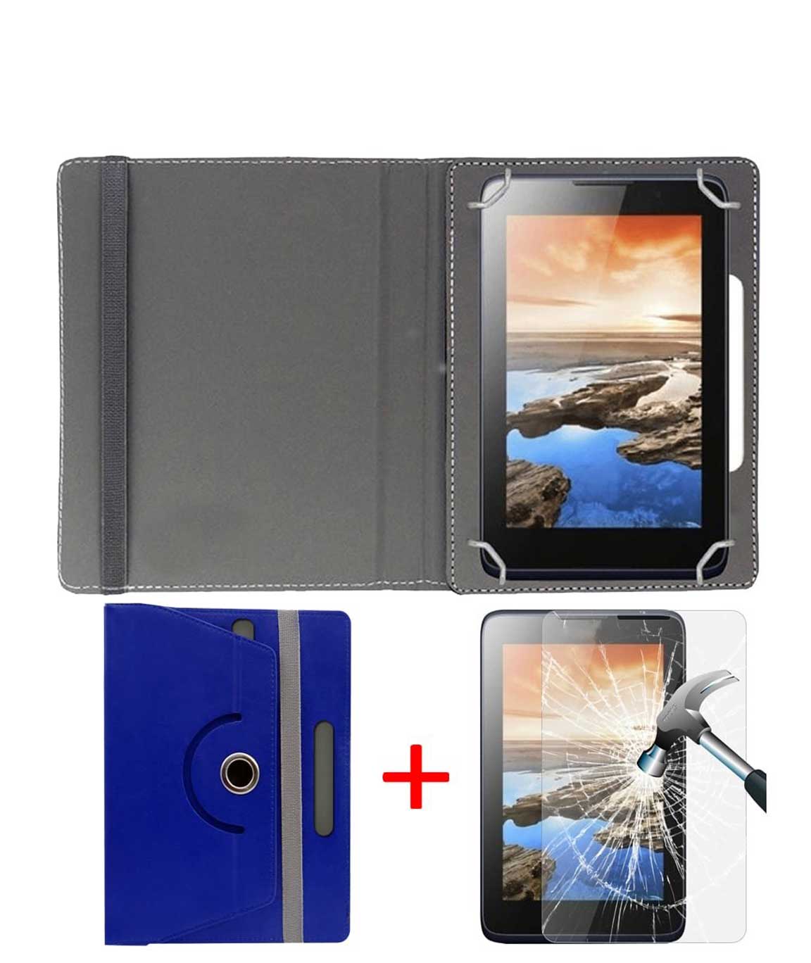 Hello Zone Exclusive 360° Rotating 7” Inch Flip Case Cover + Free Tempered Glass for I KALL N7 Dual Sim 3G Calling Tablet -Blue