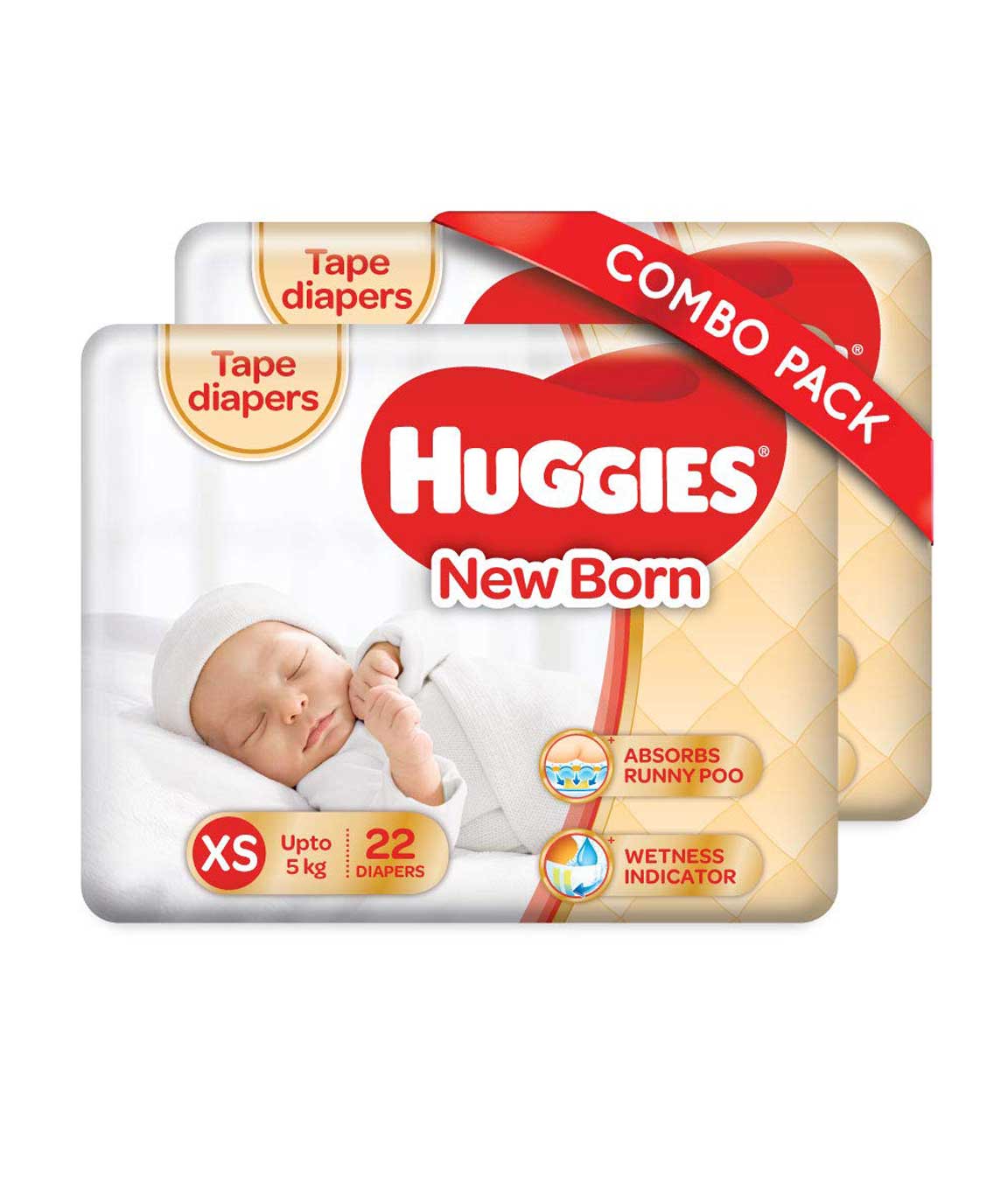 Huggies New Born Taped Diapers Combo Pack of 2, 22 Counts Per Pack (44 Counts)