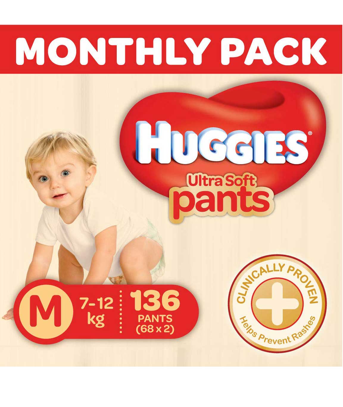 Huggies Ultra Soft Pants Diapers Monthly Pack, Medium 136 Count