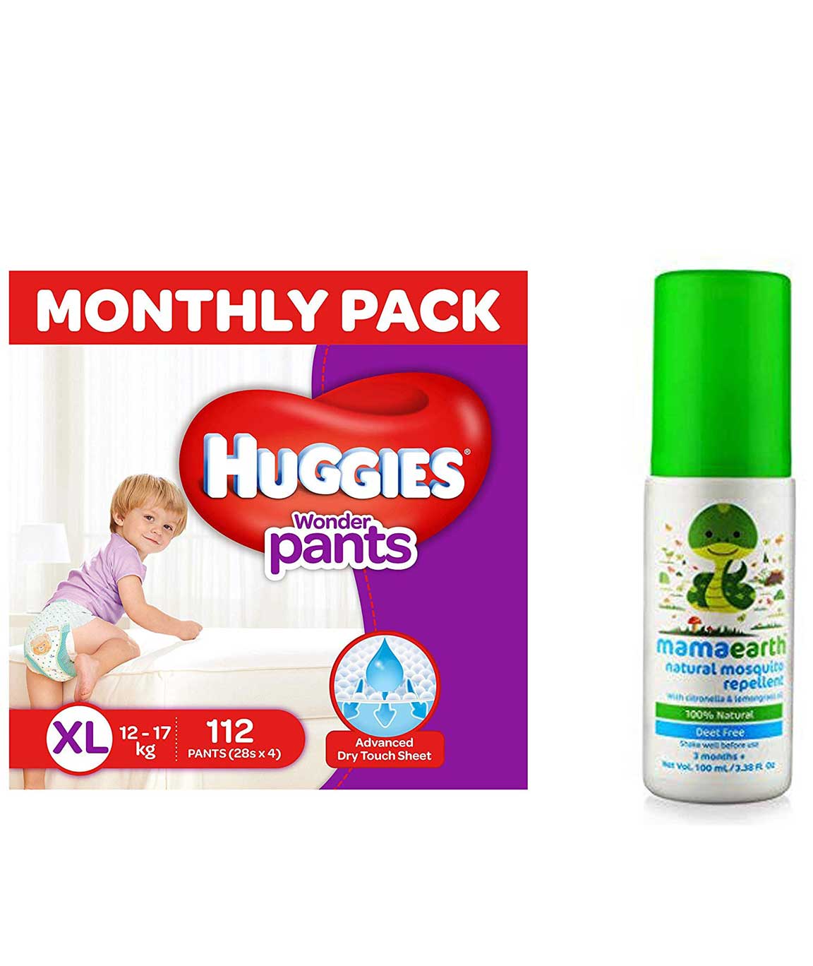 Huggies Wonder Pants Extra Large Size Diapers Monthly Pack (112 Count) & Mamaearth Natural Insect Repellent for babies (100 ml)