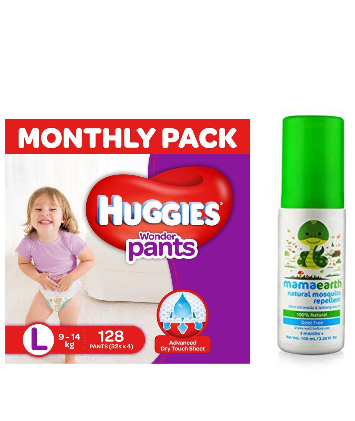 Huggies Wonder Pants Large Size Diapers Monthly Pack (128 Count) & Mamaearth Natural Insect Repellent for babies (100 ml)