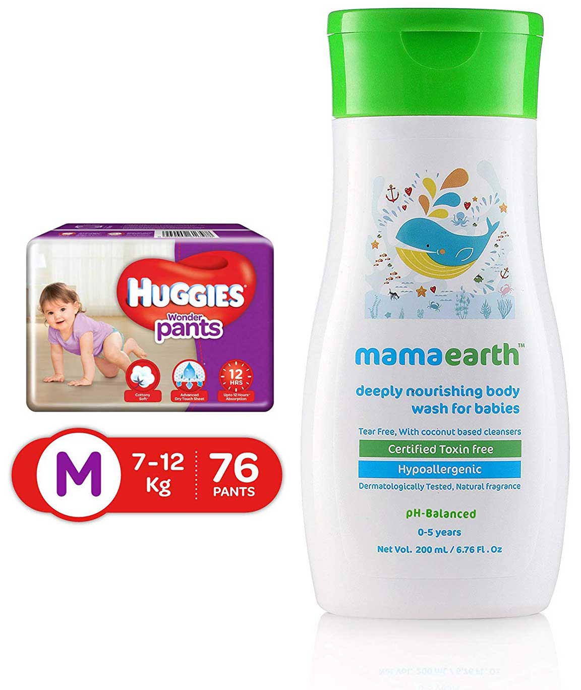 Huggies Wonder Pants Medium Size Diapers, 76 Count & Mamaearth Deeply nourishing wash for babies (200 ml, 0-5 Yrs)
