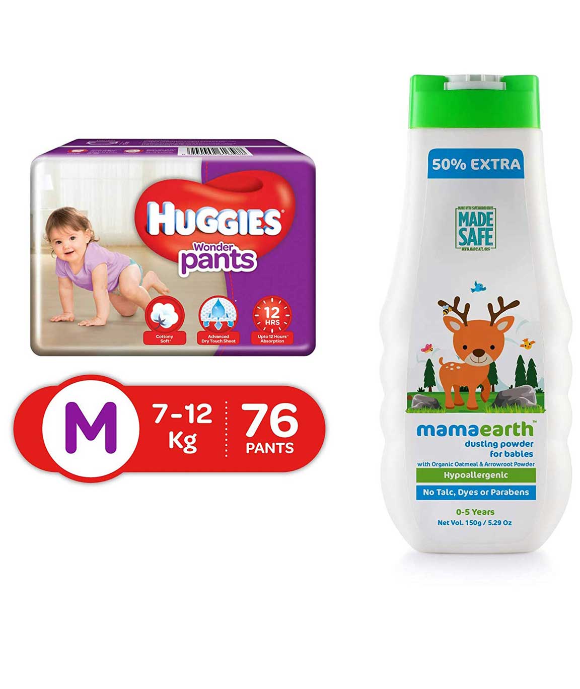 Huggies Wonder Pants Medium Size Diapers, 76 Count & Mamaearth dusting Powder with Organic Oatmeal & Arrowroot Powder 150g